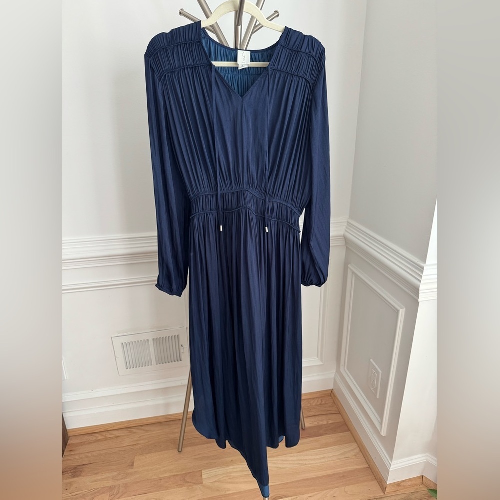 Joie Rheia Satin Long Sleeve Pleated Midi Dress Navy Blue Size L